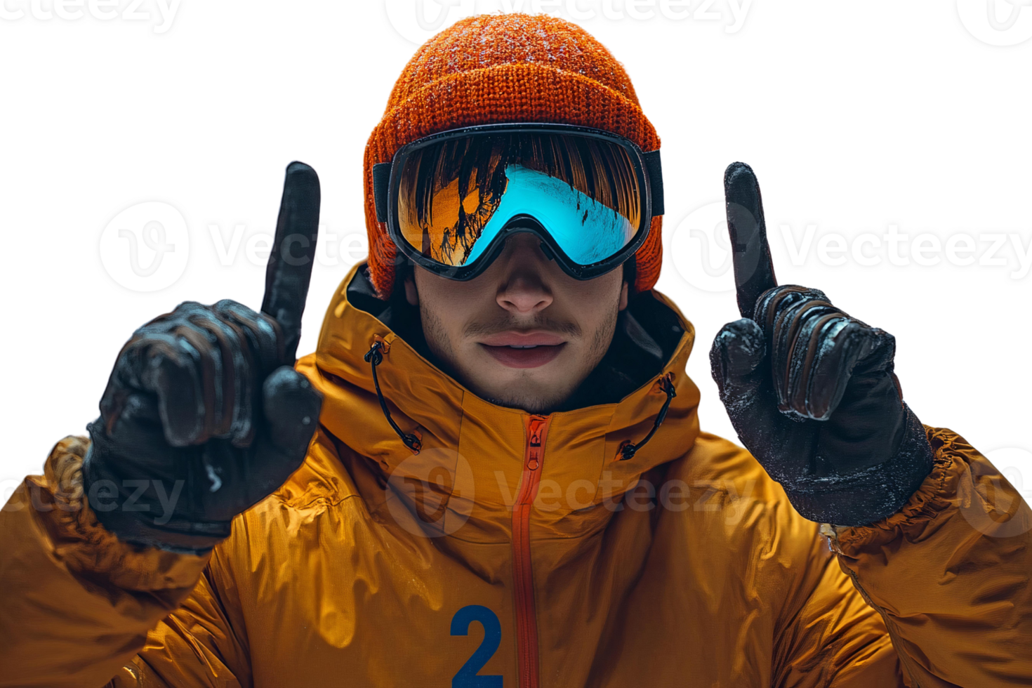 Skier in orange jacket and goggles on transparent background png