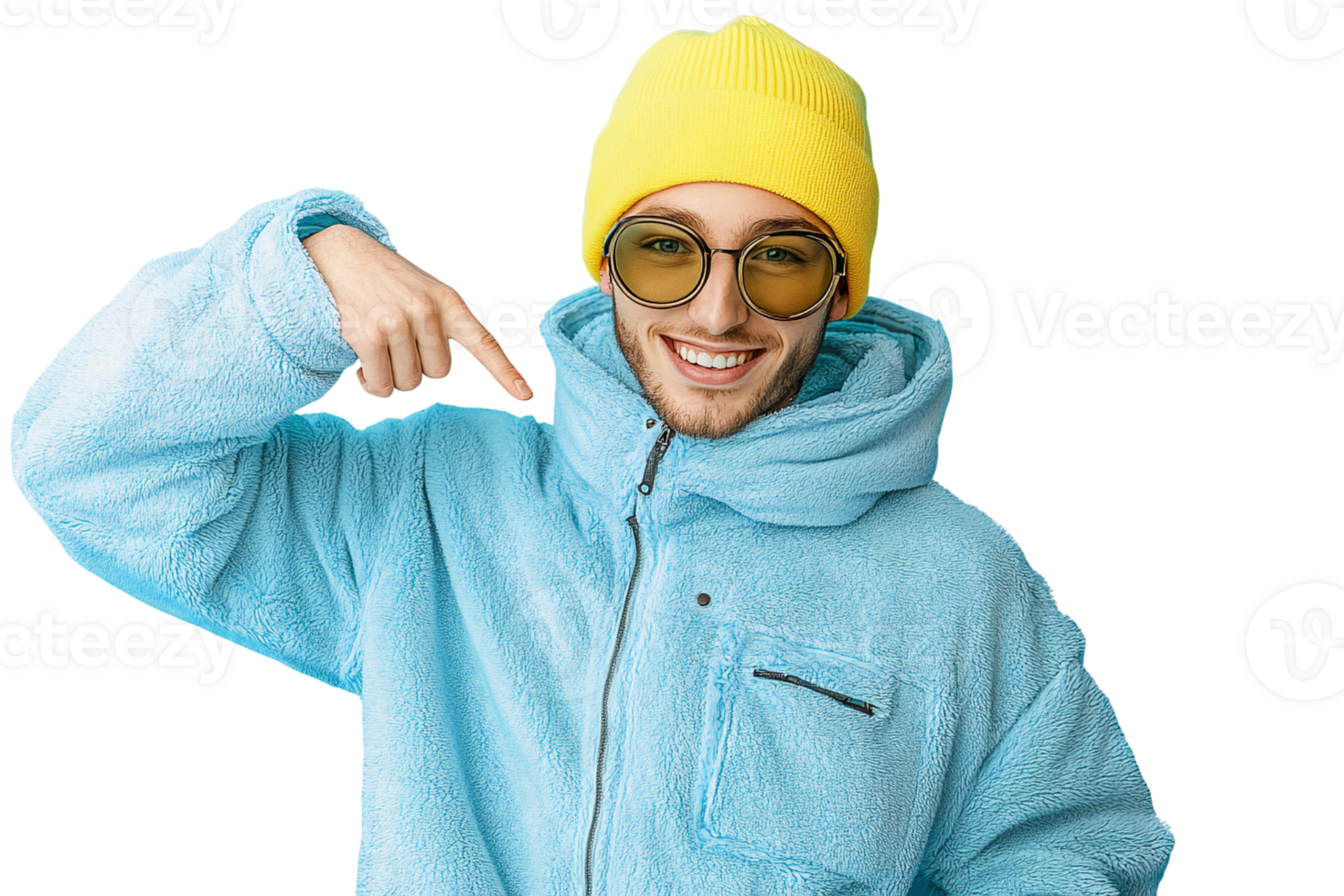 Smiling man in blue fleece jacket and yellow beanie on transparent background png