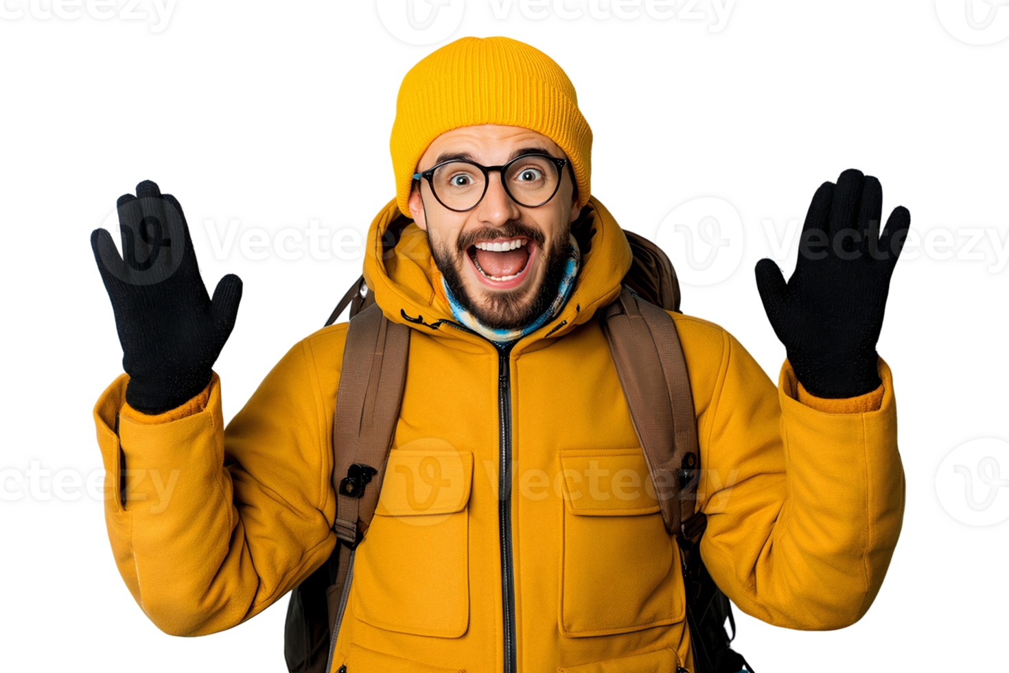 Surprised man in yellow jacket and gloves on transparent background png