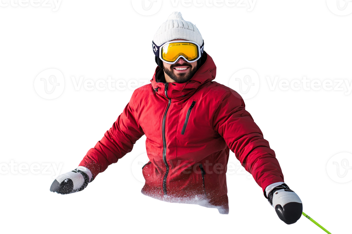 Smiling skier in red jacket on transparent background png