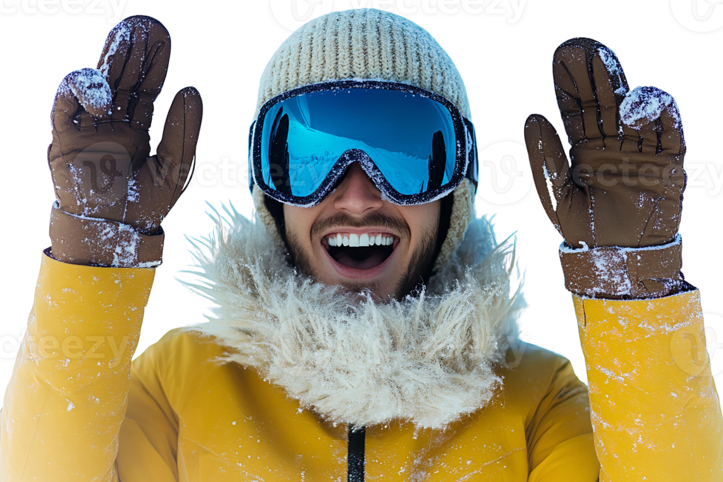 Happy snowboarder in yellow jacket with snow on transparent background png