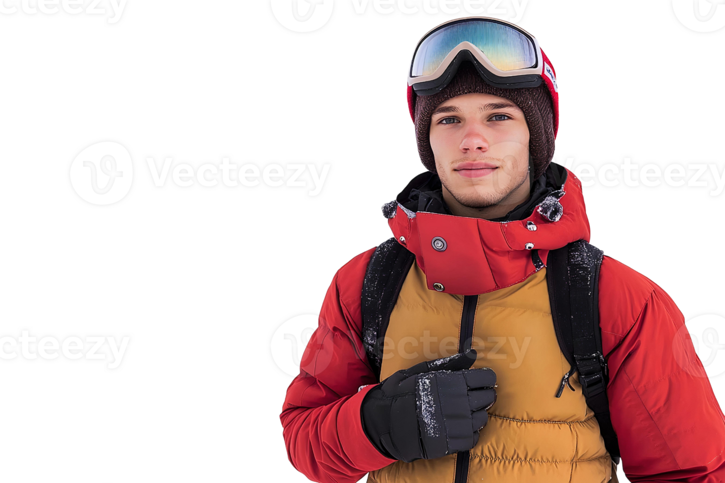 Snowboarder man in red jacket on transparent background png