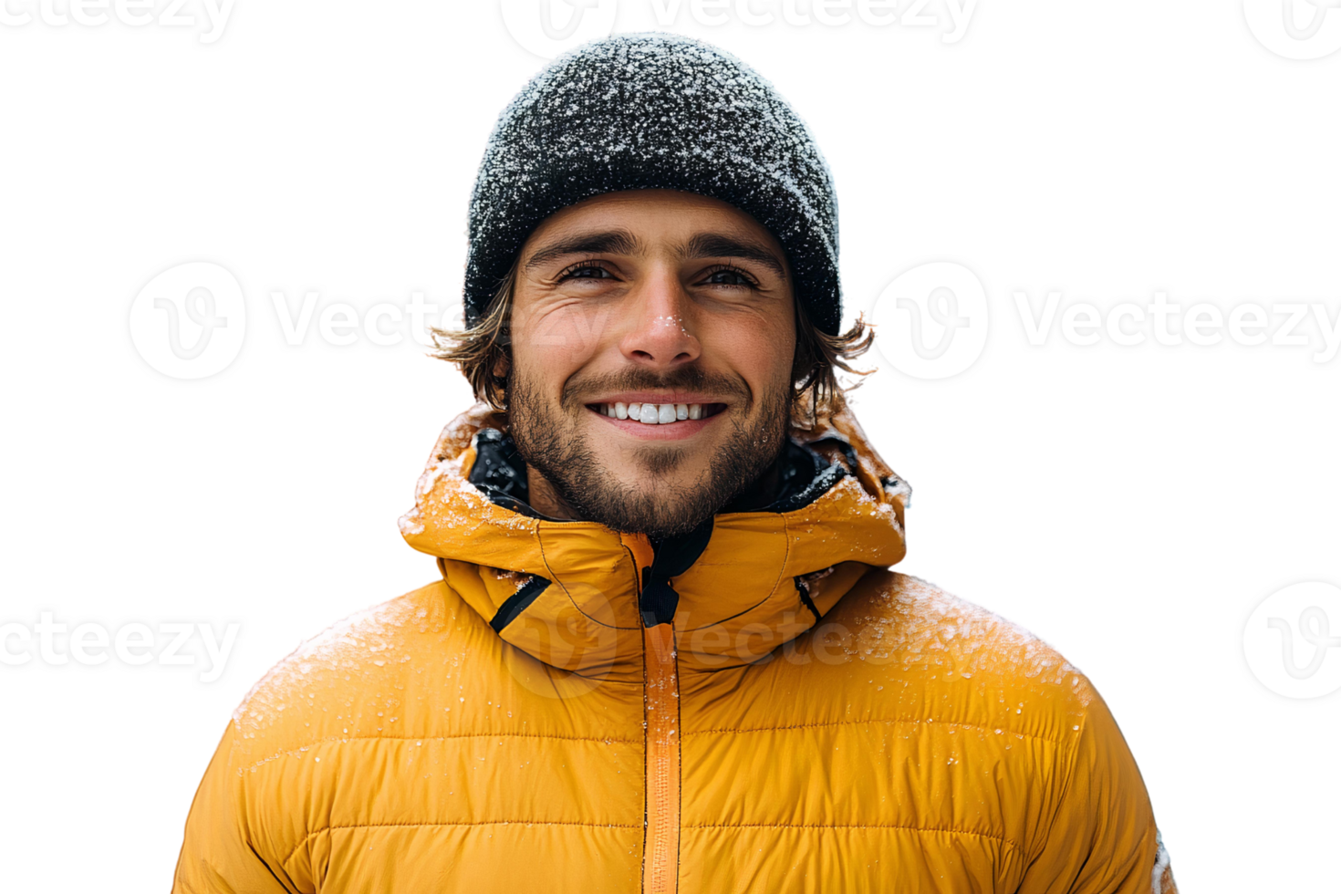 Smiling man in yellow winter jacket on transparent background png