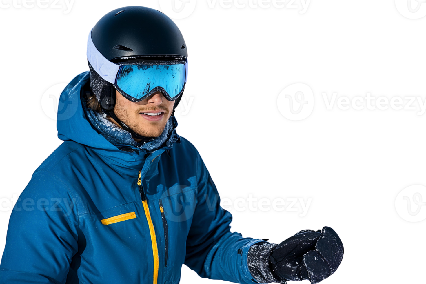 Skier in blue jacket and goggles on transparent background png