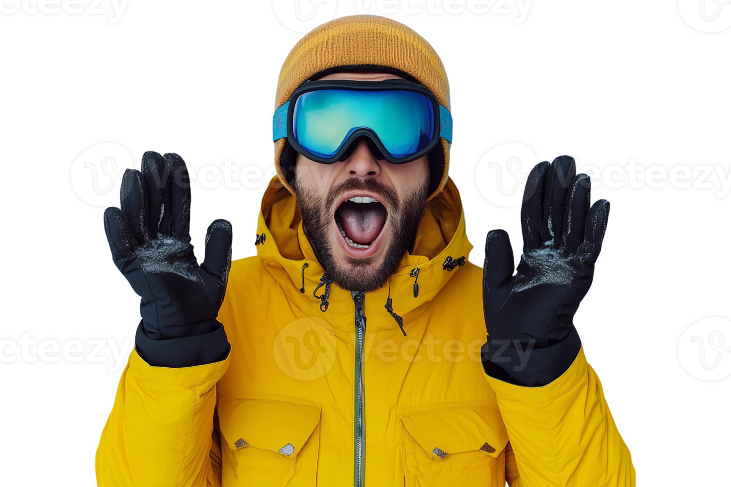Surprised man in yellow ski jacket and goggles on transparent background png