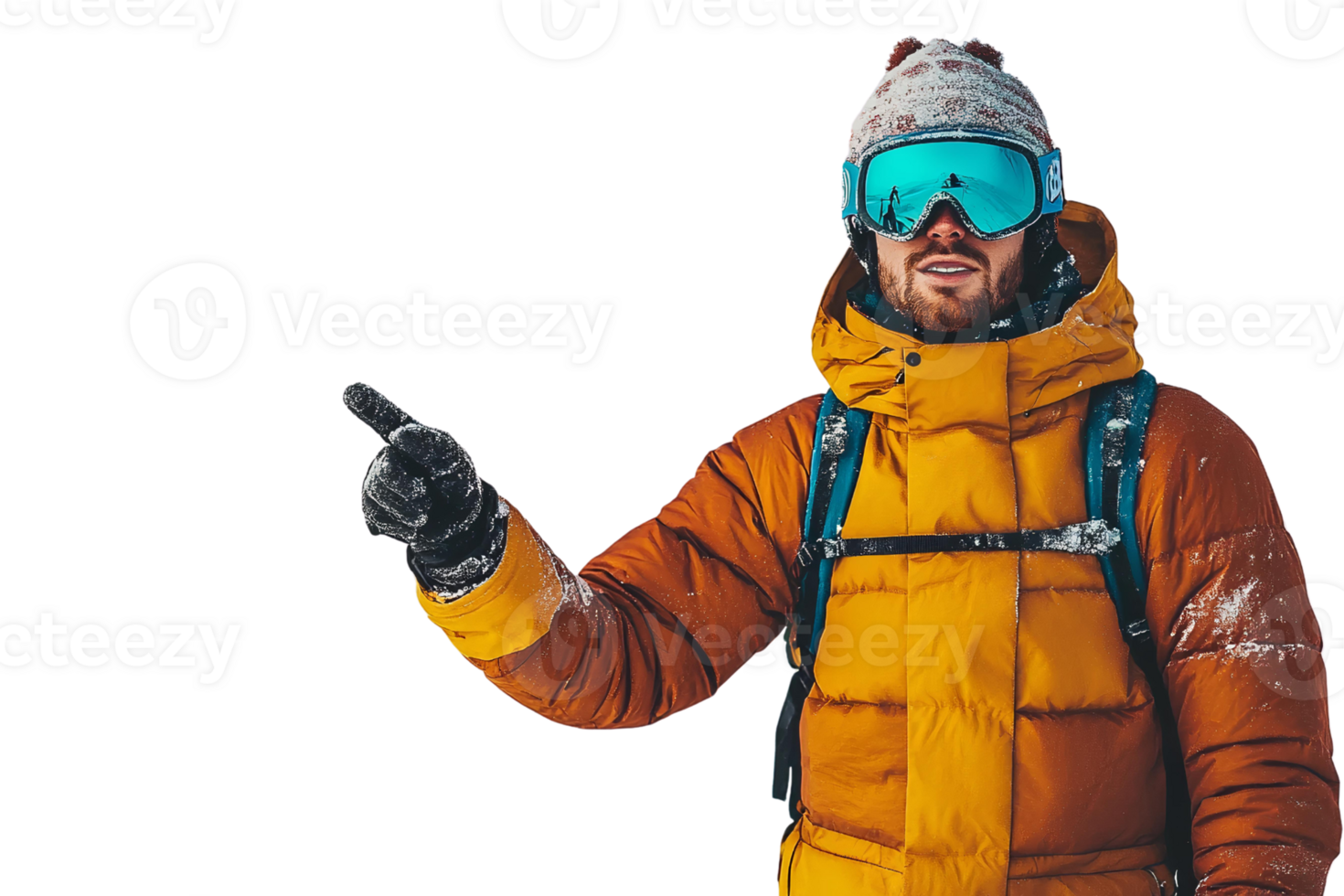 Snow-covered man in yellow puffer jacket pointing on transparent background png