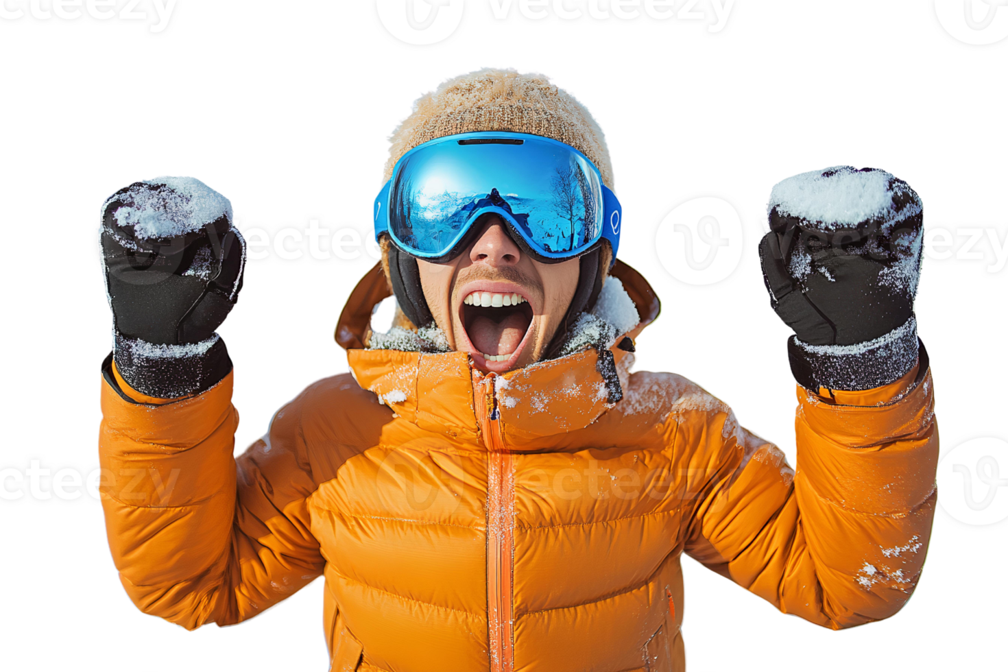 Excited skier in orange jacket on transparent background png