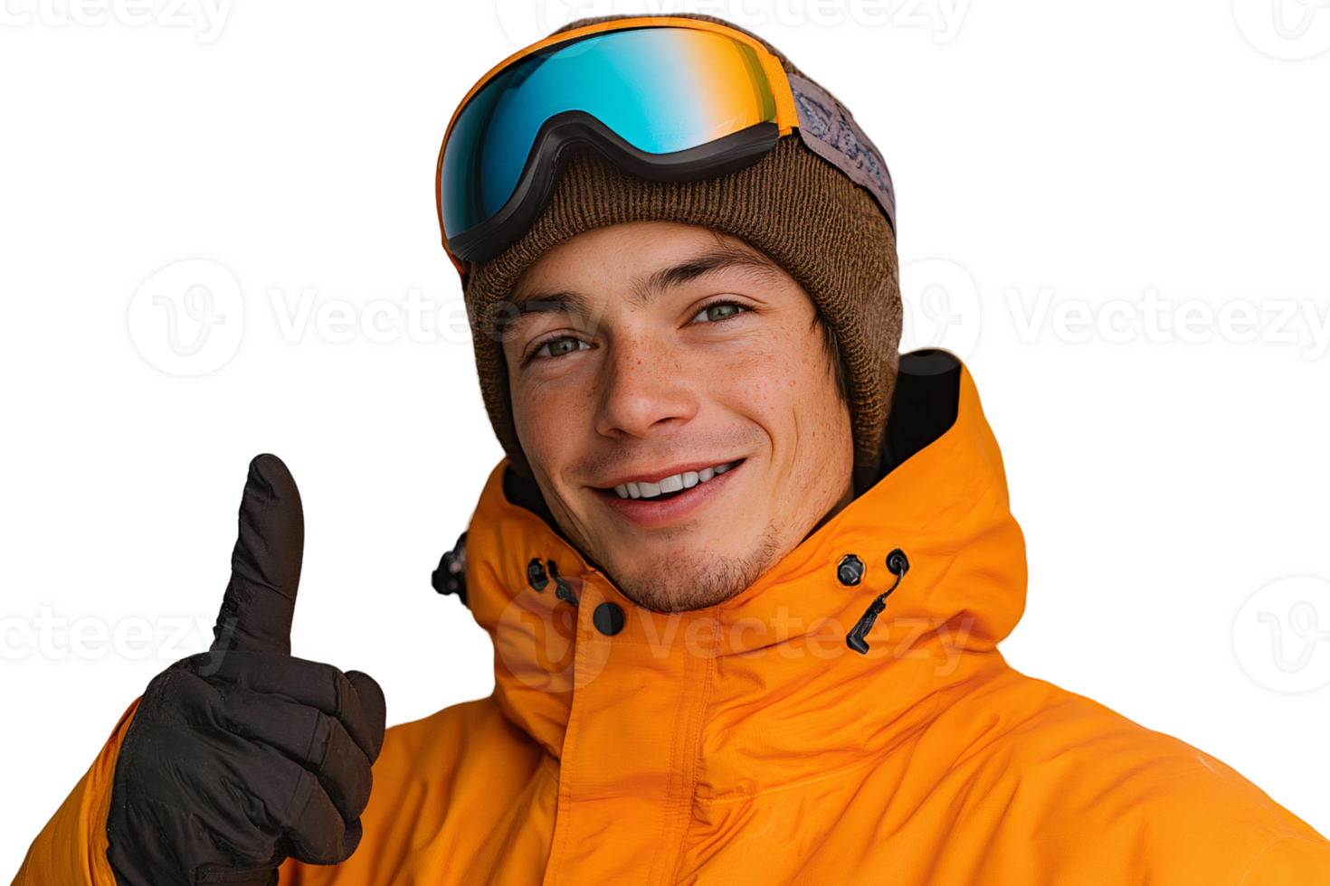 Smiling snowboarder in orange jacket on transparent background png