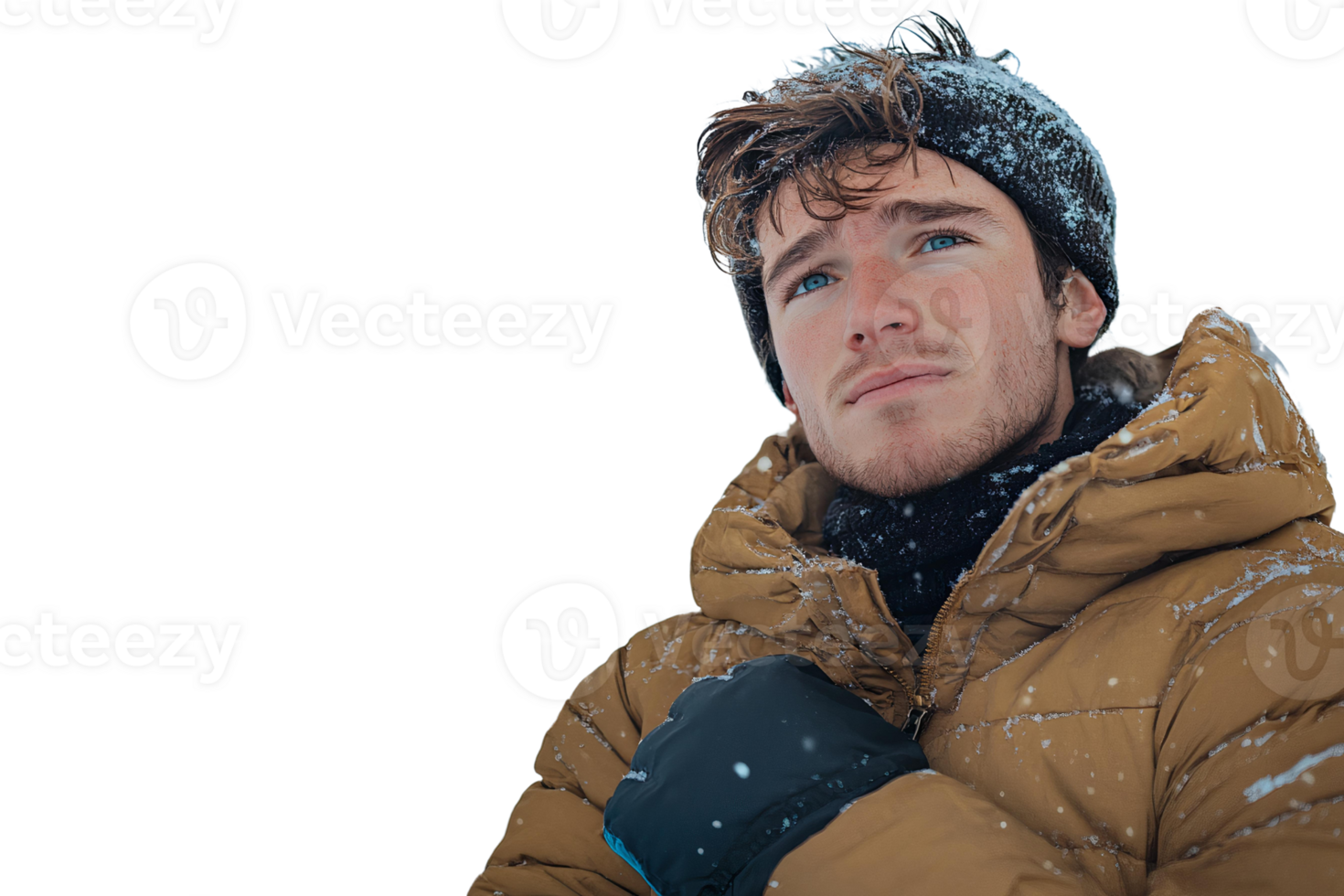 Man in brown puffer jacket on transparent background png