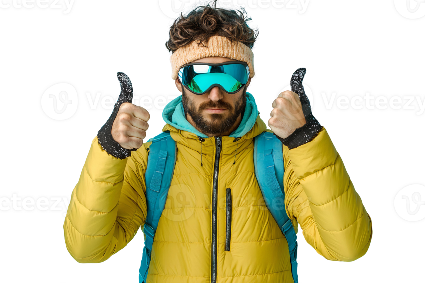 Man in yellow puffer jacket showing thumbs up on transparent background png