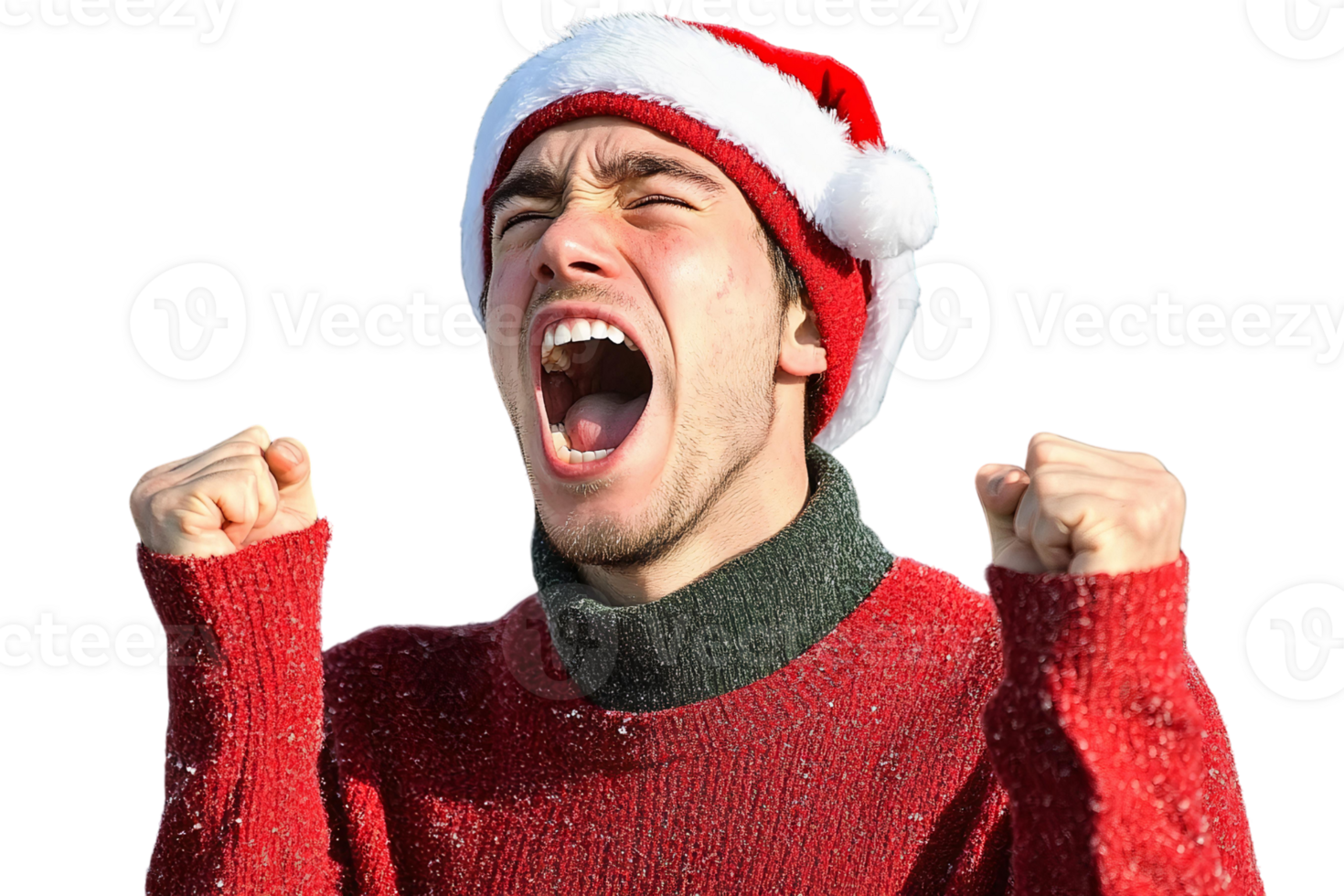 Man in red christmas sweater shouting on transparent background png