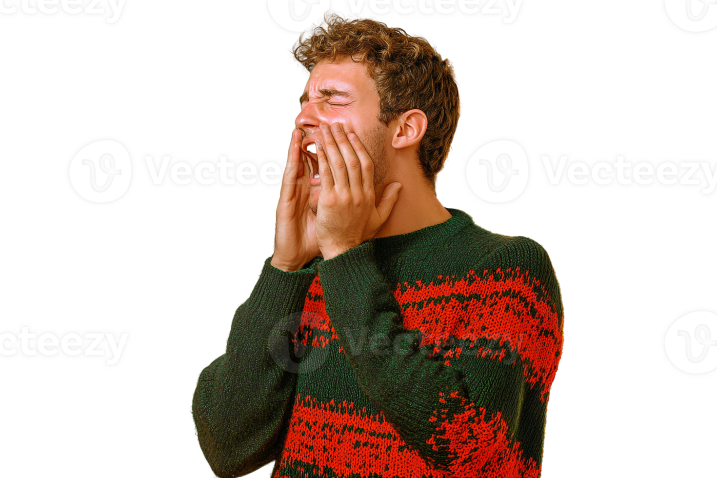 Man in red and green sweater covering face in despair on transparent background png