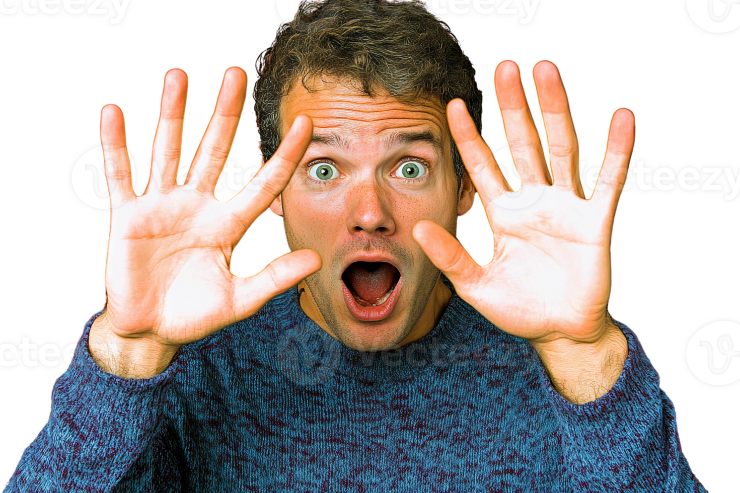Surprised man with hands up, isolated on transparent background png