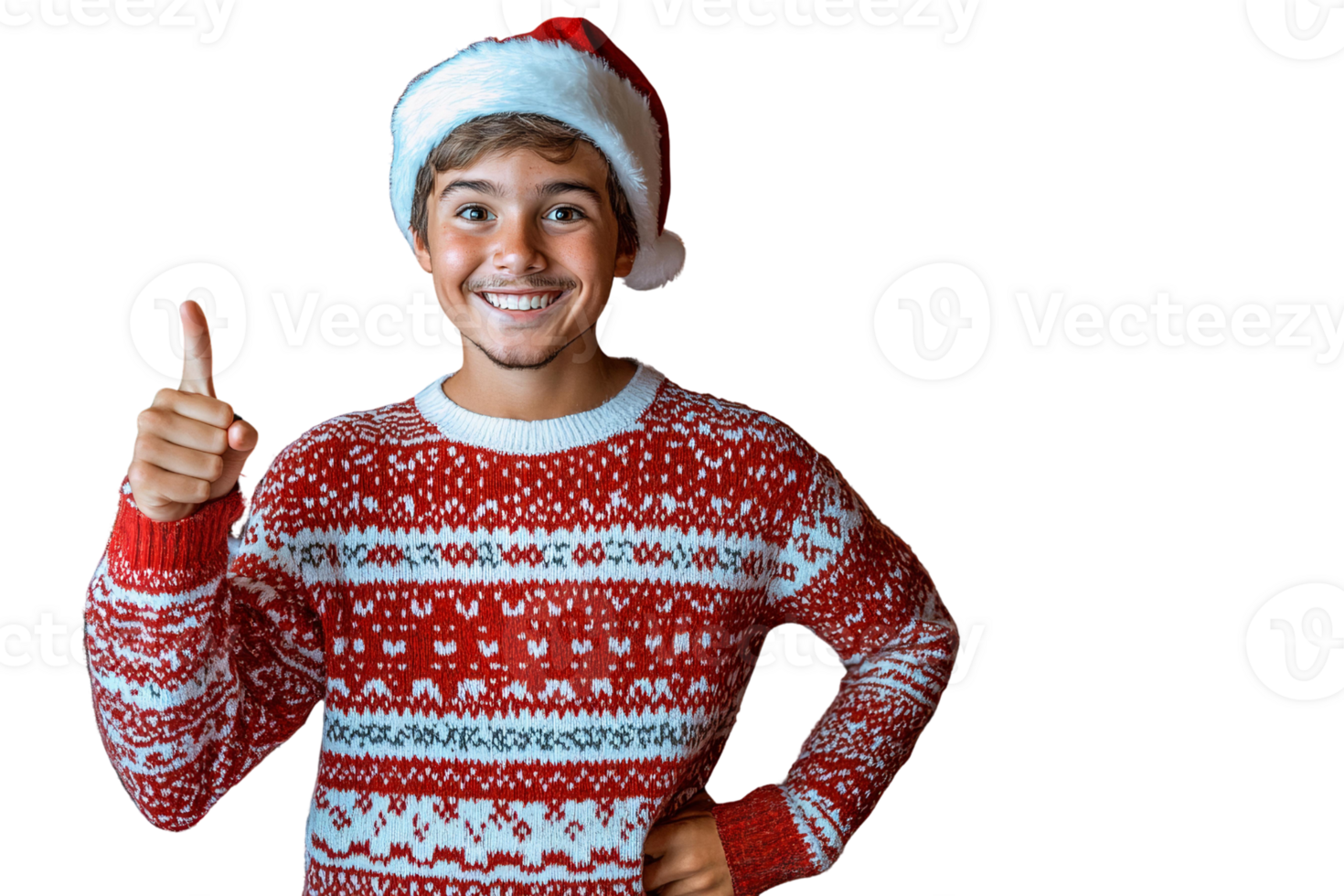 Smiling boy in red christmas sweater with thumbs up gesture on transparent background png
