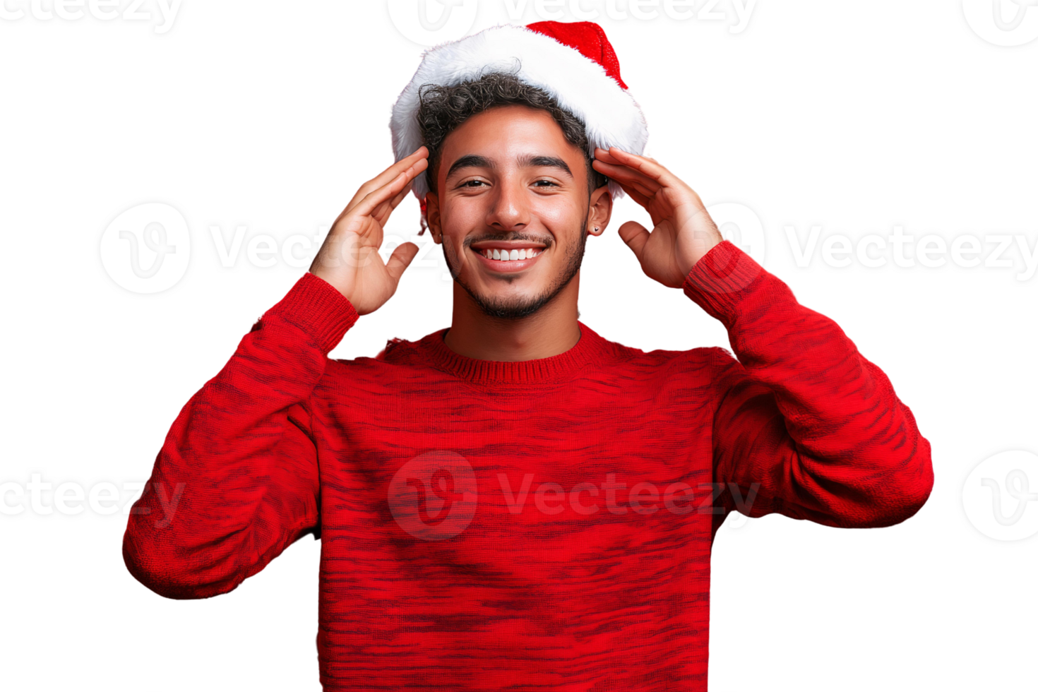 Smiling man in red sweater and santa hat on transparent background png