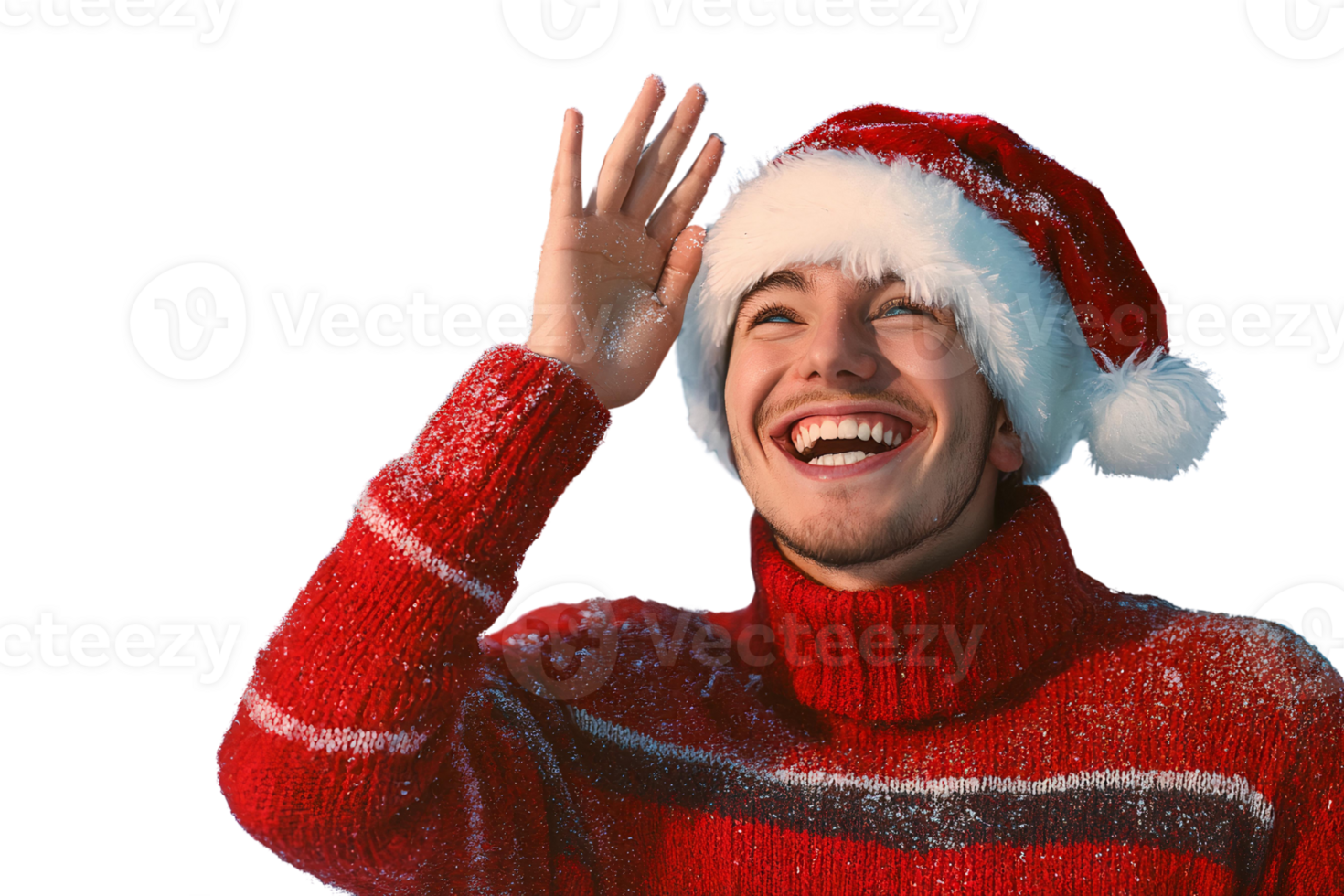 Joyful man in red christmas sweater and santa hat on transparent background png