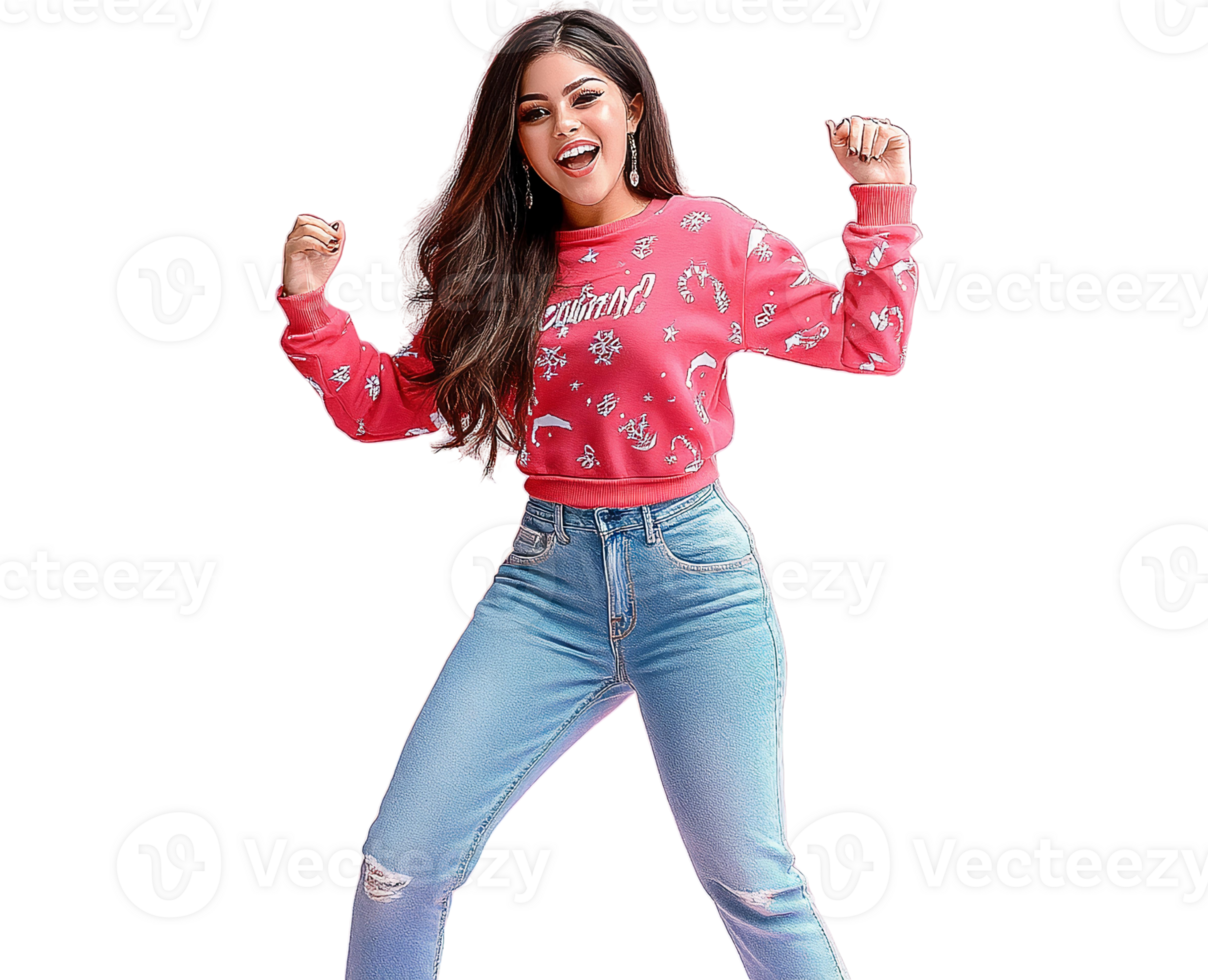 Happy woman in pink christmas sweater and blue jeans on transparent background png