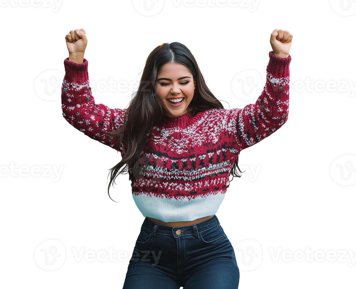 Joyful woman in red knit sweater celebrating on transparent background png