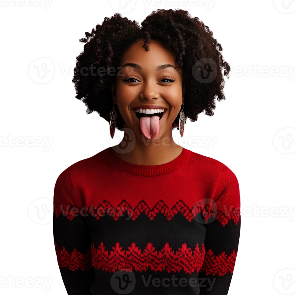Playful woman with afro sticking out tongue on transparent background png