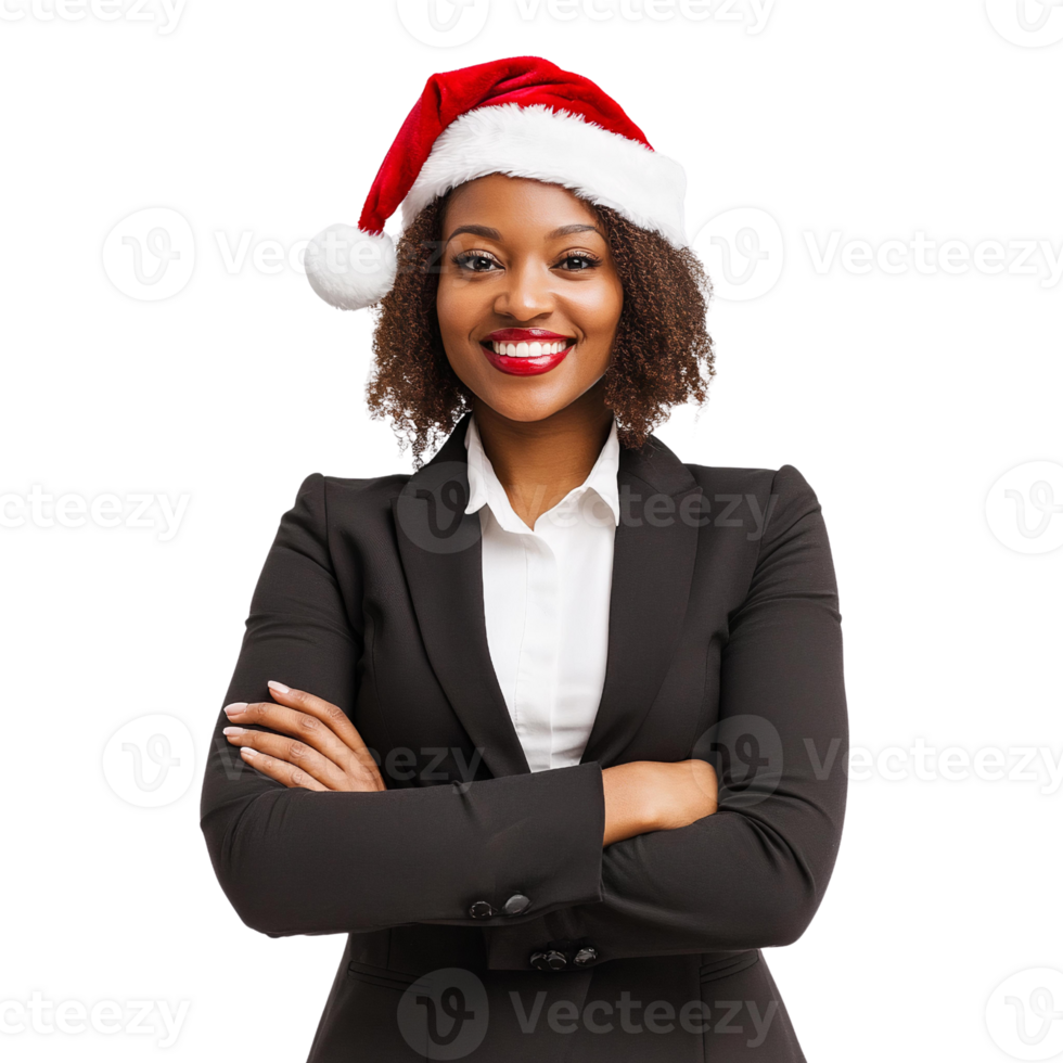 Smiling black businesswoman in santa hat on transparent background png
