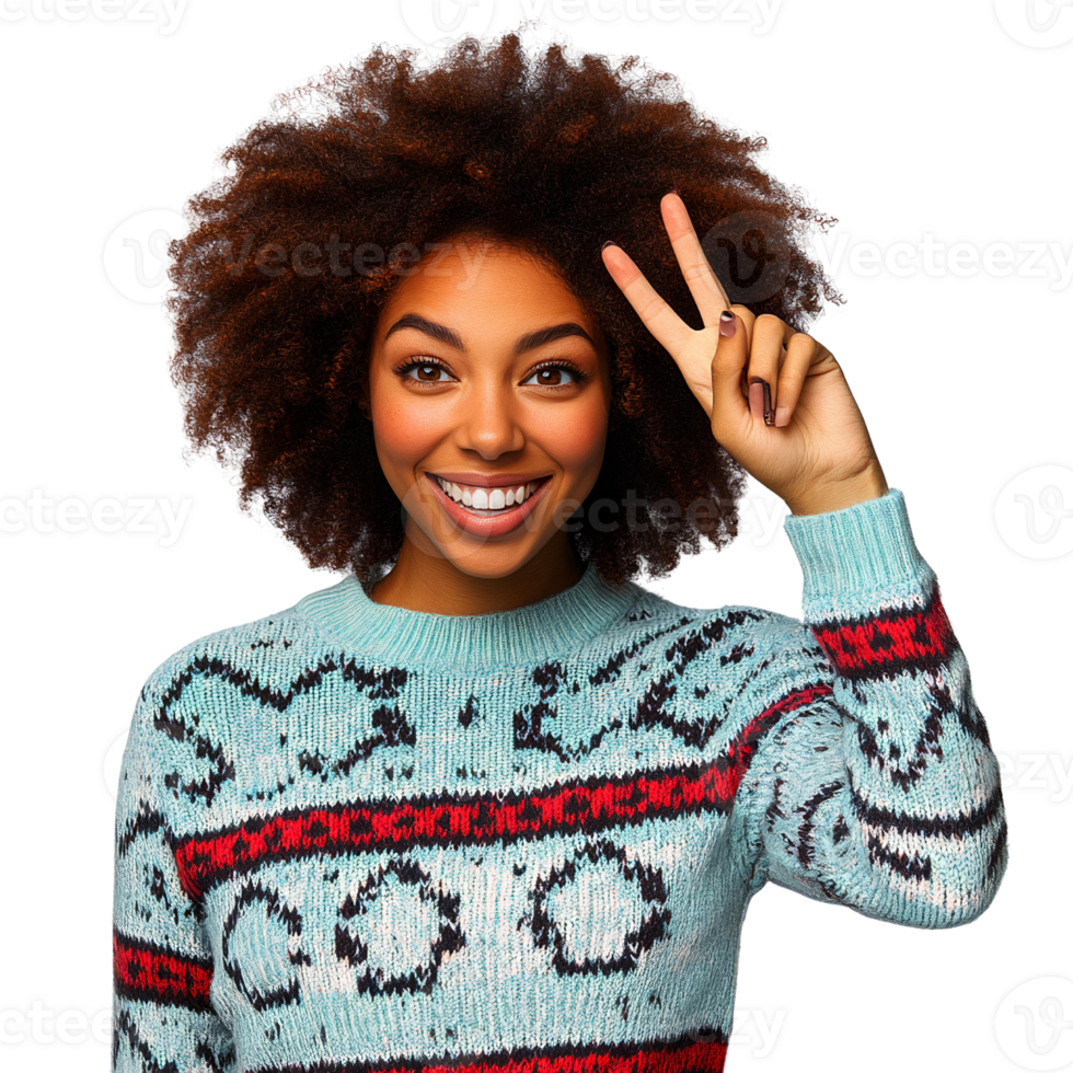 Smiling woman with afro hair peace sign gesture on transparent background png