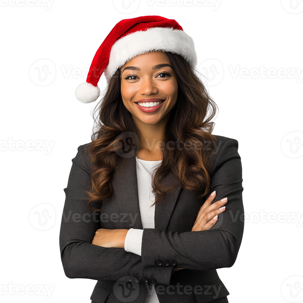 Smiling woman santa hat business portrait on transparent background png
