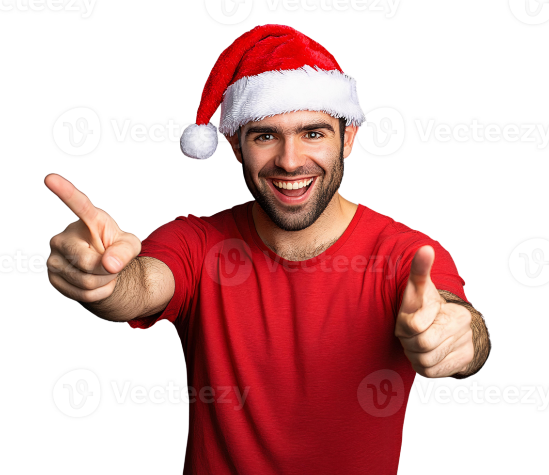 Smiling man in santa hat pointing gesturing on transparent background png