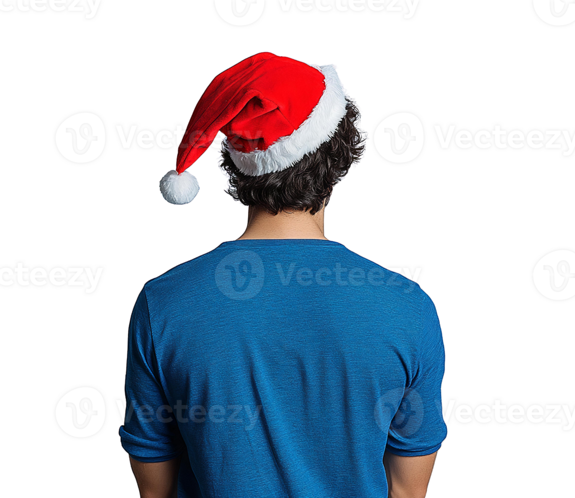 Rear Angle of Man in Santa Hat on Transparent Background png