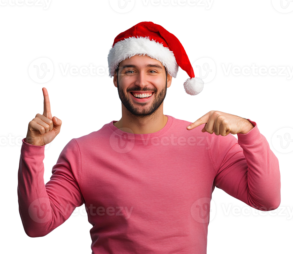 Smiling man in santa hat gesturing on transparent background png
