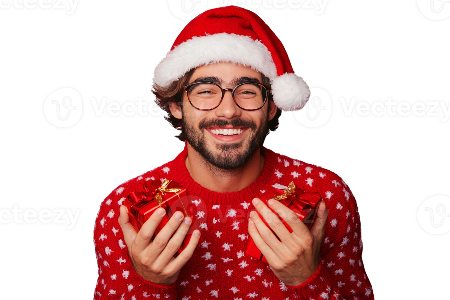Santa Hat-Wearing Man Pointing Upward on Transparent Background png