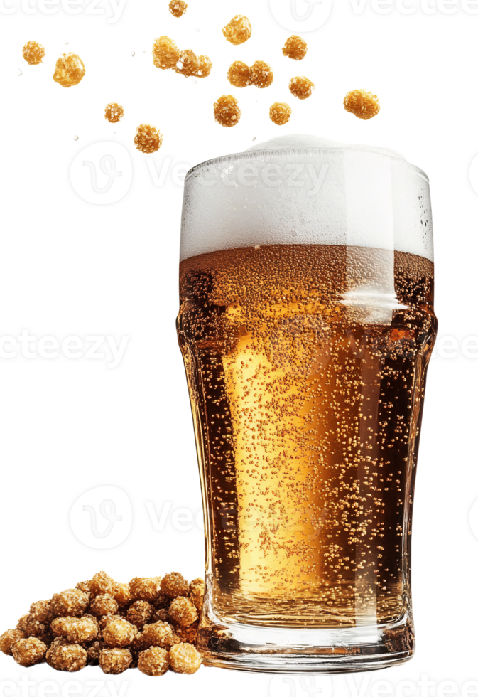 Beer glass with brown snacks on transparent background png