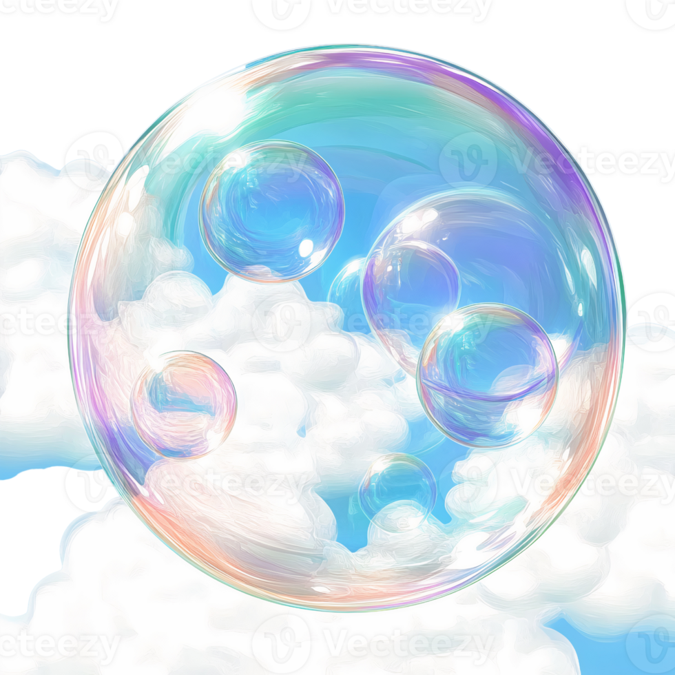 Rainbow soap bubbles with sky and clouds on transparent background png