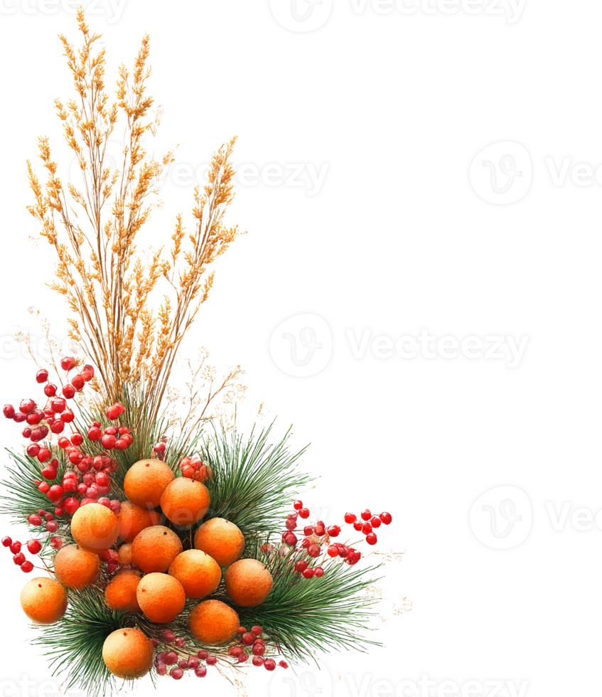 Orange fruits and pine branch corner arrangement on transparent background png