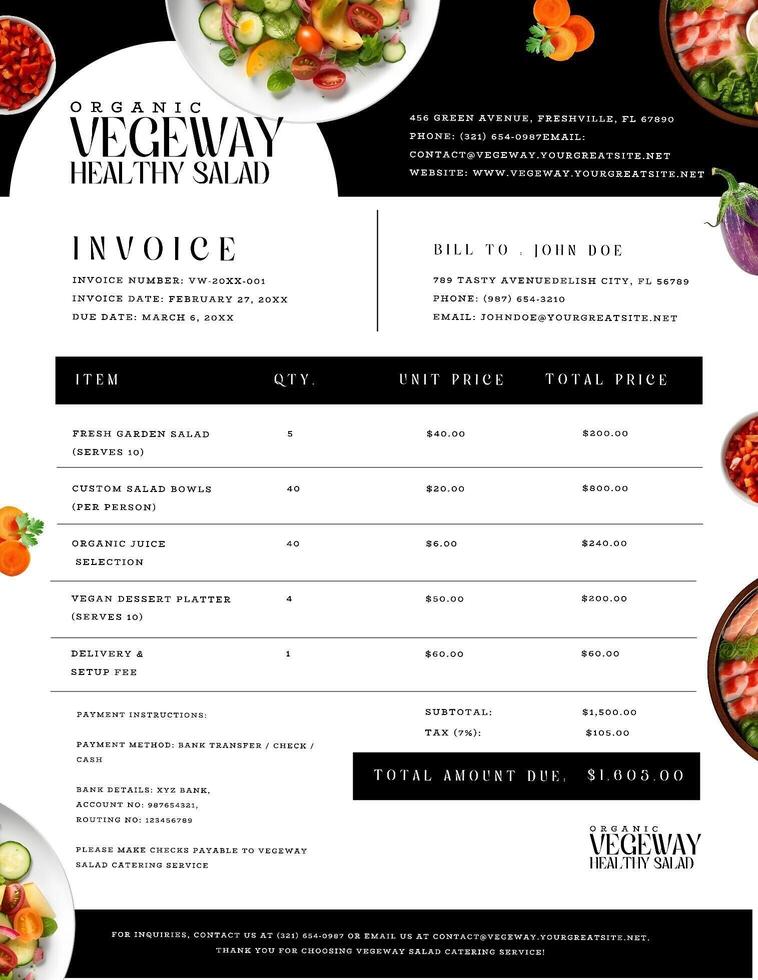 Black and White Minimalistic Salad Restaurant Invoice Template