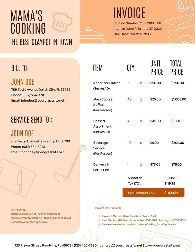 Fun Playful Orange Cream Invoice for Catering Service Template