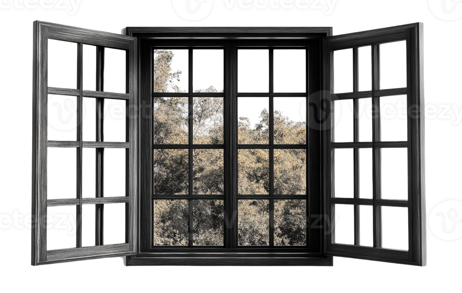 Dark wood window with paned glass and tree view on transparent background png