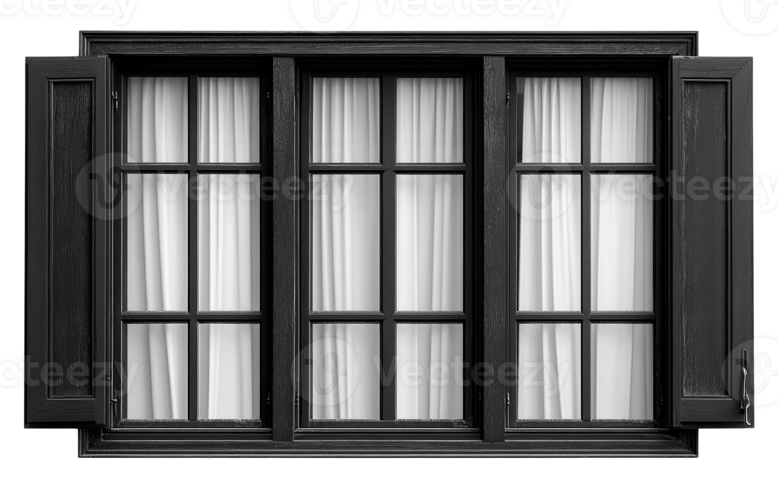 Black wooden window with shutters and curtains on transparent background png