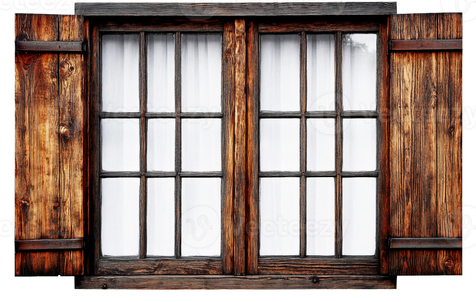 Rustic wooden window with shutters on transparent background png