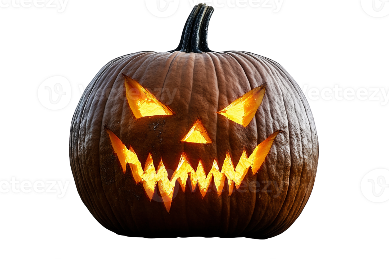 Scary jack-o'-lantern pumpkin with glowing face on transparent background png