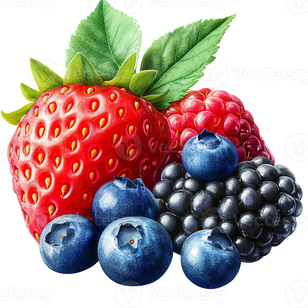 Strawberry, blueberry, raspberry and blackberry mix on transparent background png