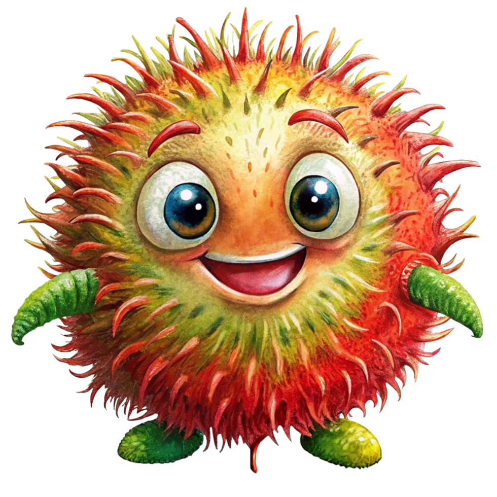 Cartoon rambutan character standing with a simple and fresh presence png