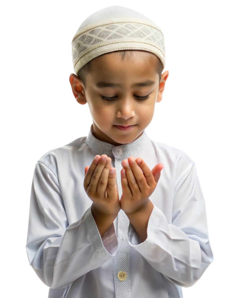 Pious little boy with raised hands in supplication png