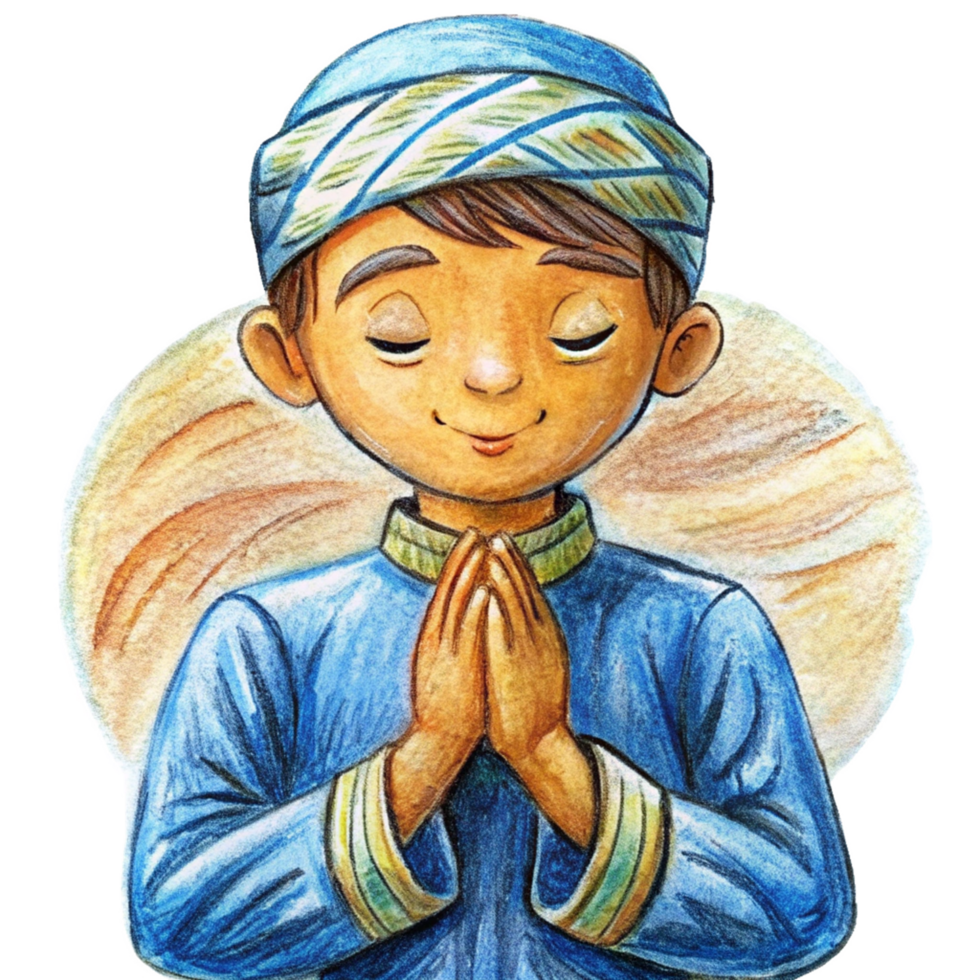 Boy in deep Islamic prayer with open palms png