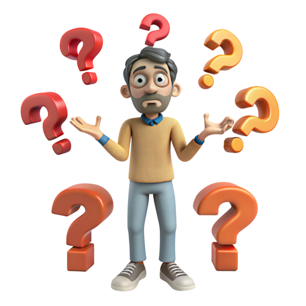 Uncertain man scratching head looking at question marks png