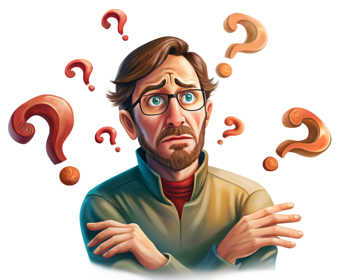 Transparent puzzled worker with question marks floating png