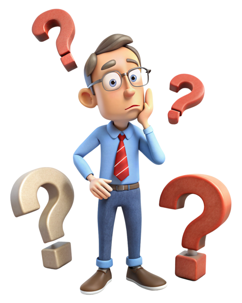 Thinking businessman confused by question marks png
