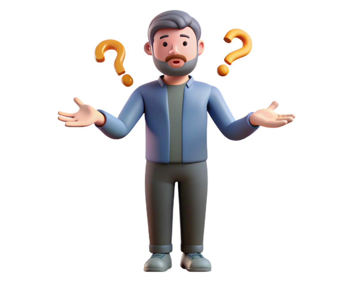Transparent puzzled character with question marks in the air png