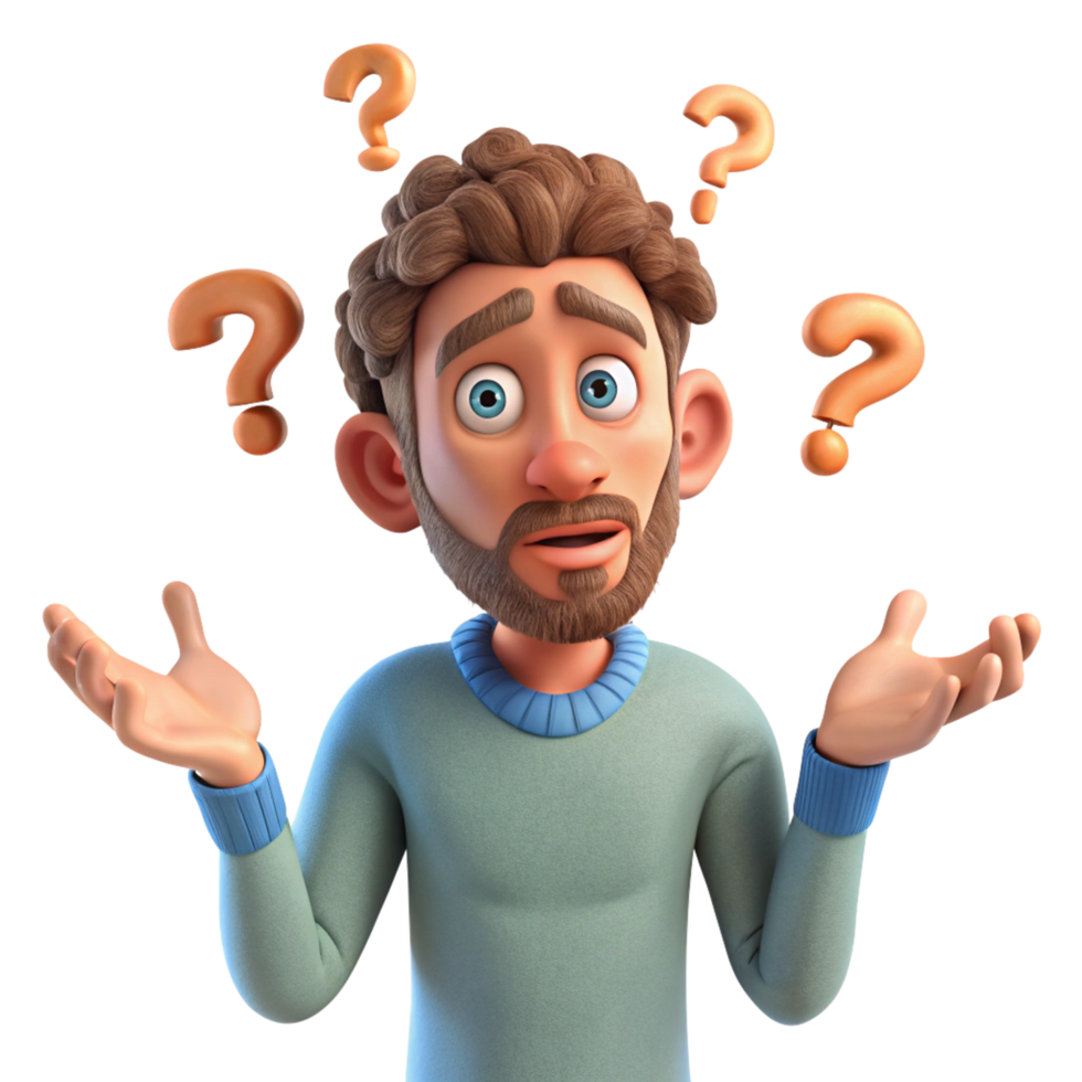 Man with confused face surrounded by question marks png