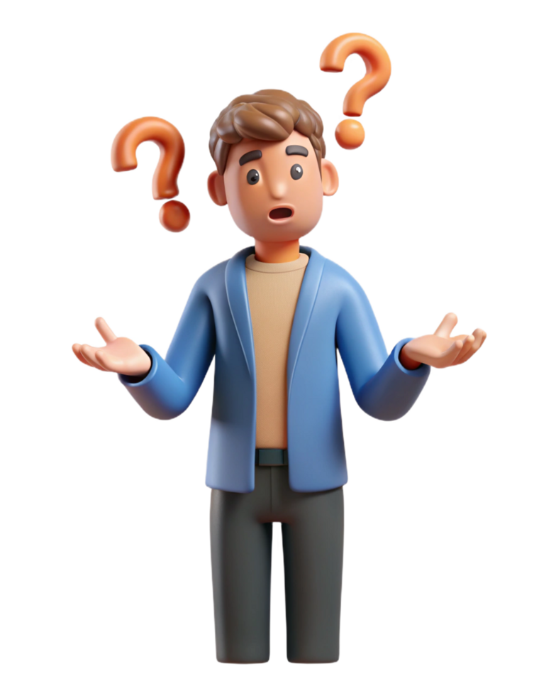 Businessman confused with uncertainty and question marks png