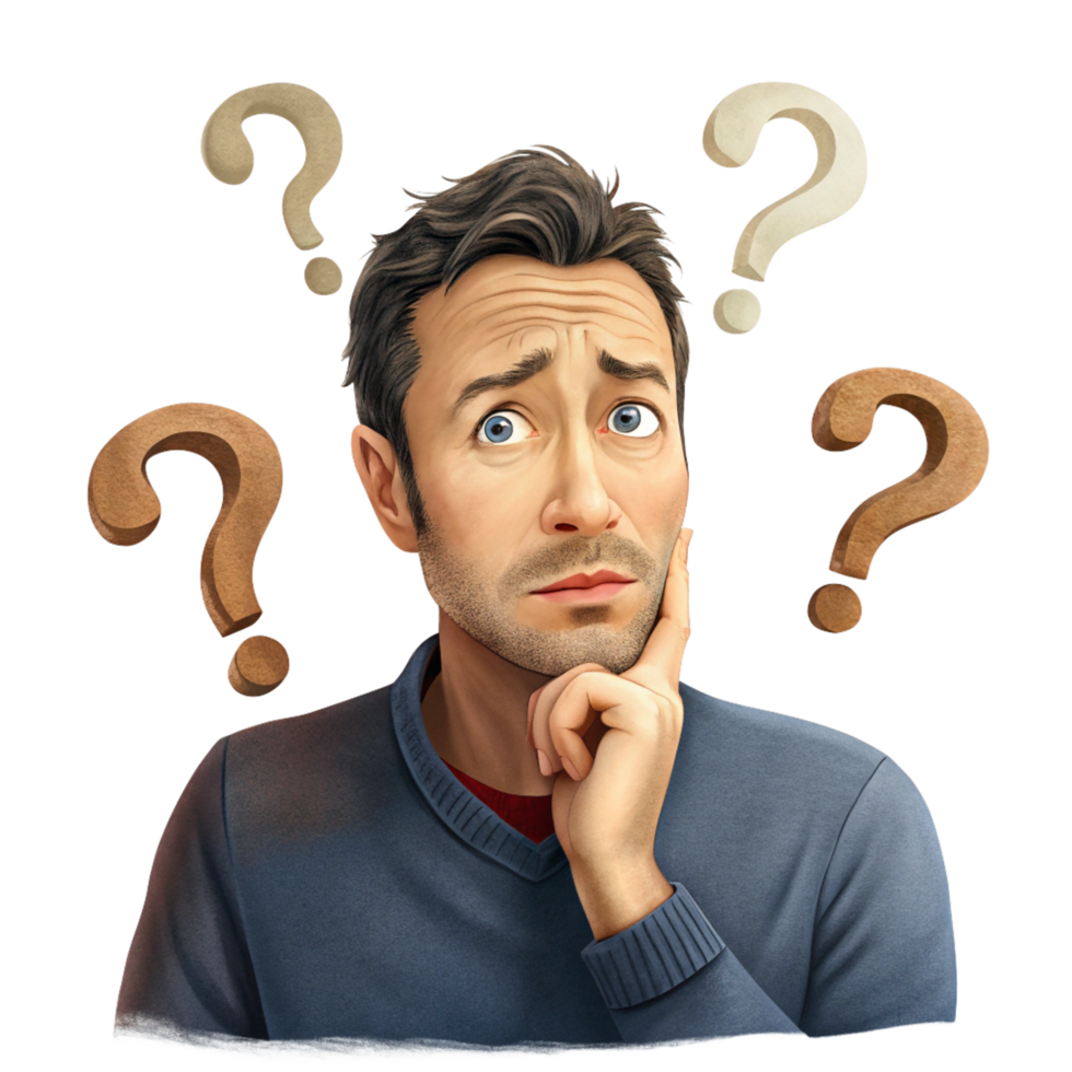 Frustrated young man looking lost with question marks png